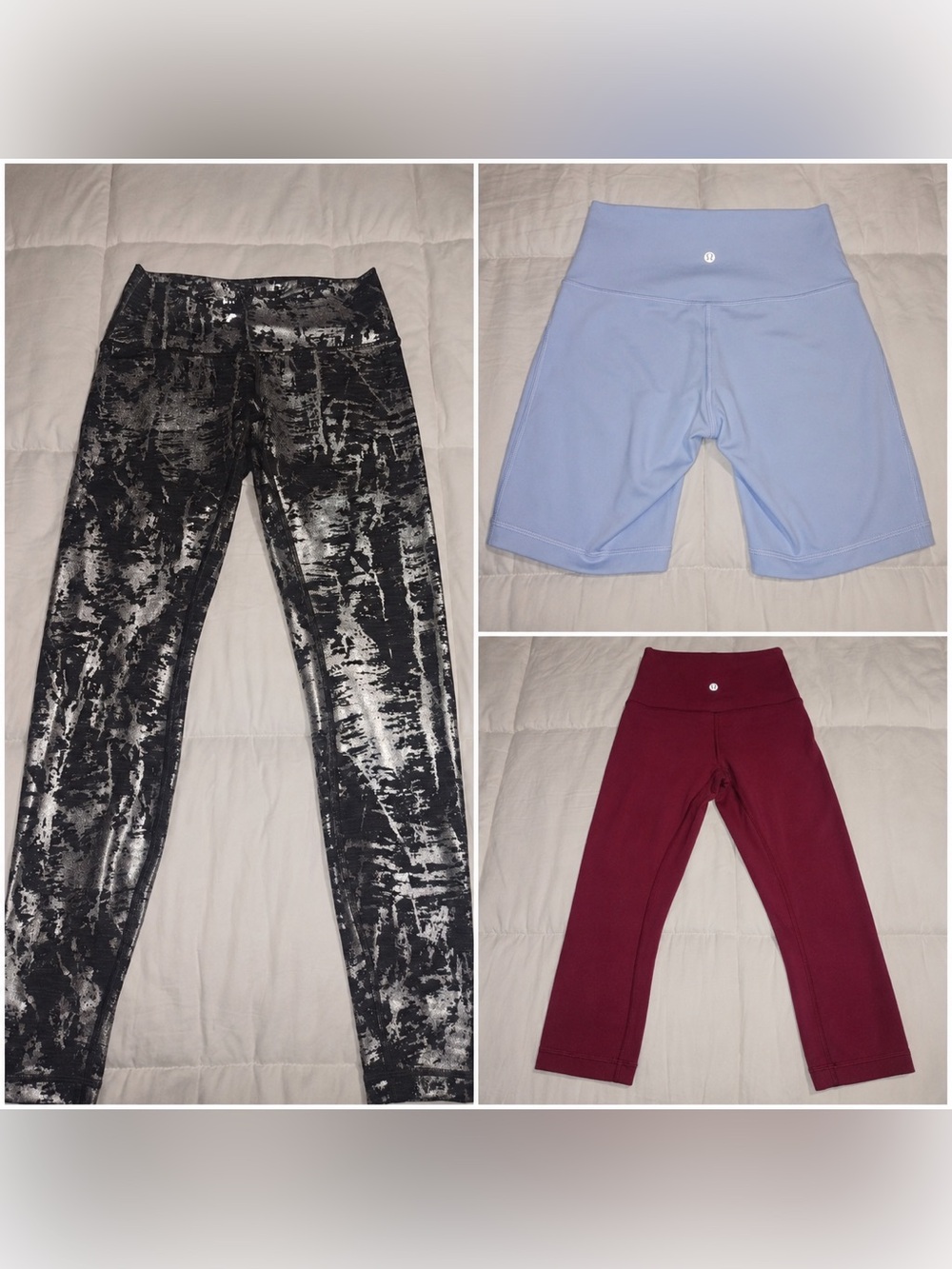 lululemon athletica Black & White Leggings, Light Blue Shorts, Burgundy Capris